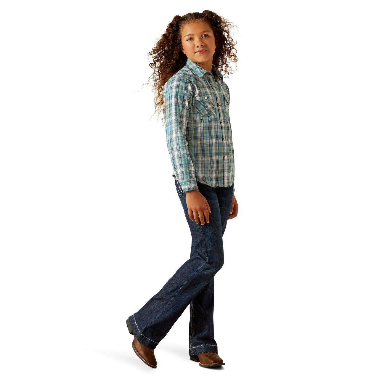 Ariat Girls Darla Snap Loose Shirt Aquamarine Plaid - 10062843