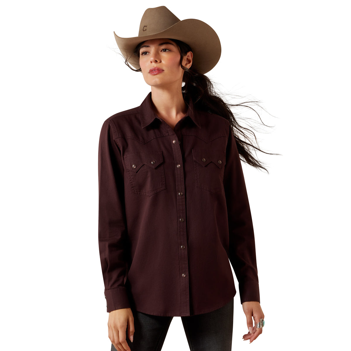 Ariat Women's Earthbound West Loose Snap Shirt - 10079629 Chocolate