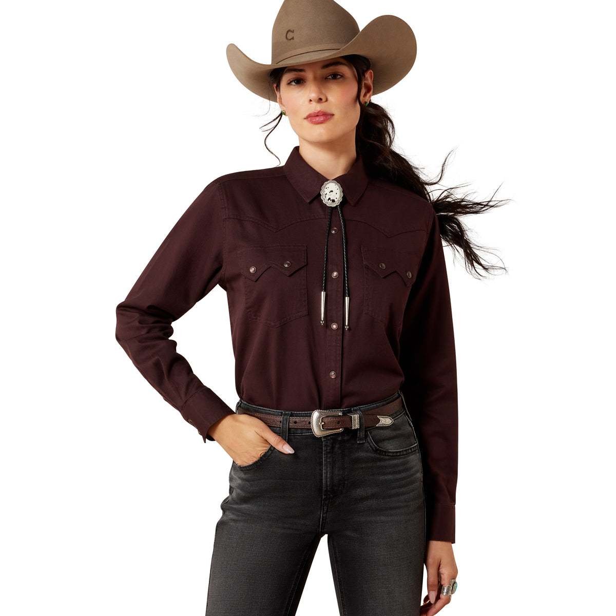 Ariat Women's Earthbound West Loose Snap Shirt - 10079629 Chocolate
