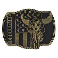 Belt Buckle 'Cowboy Up Flag Skull Brass'